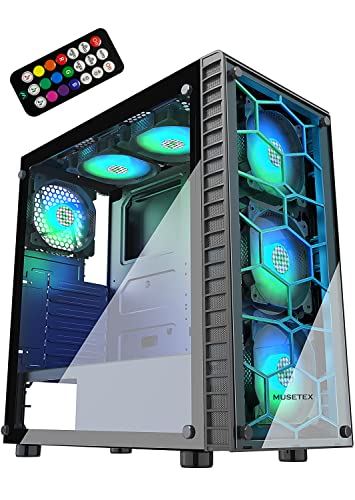 Корпус ПК MUSETEX ATX із 6 вентиляторами 120 мм ARGB, ігровий корпус Mid-Tower Phantom Black, комп’ютерний корпус із загартованого скла, USB 3.0, MN6-B