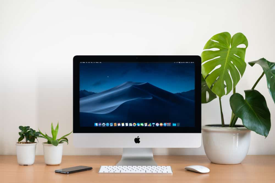 Комп'ютер iMac, клавіатура, чарівна миша, горщик для рослин монстери та маленькі горщики для рослин на дерев'яному столі