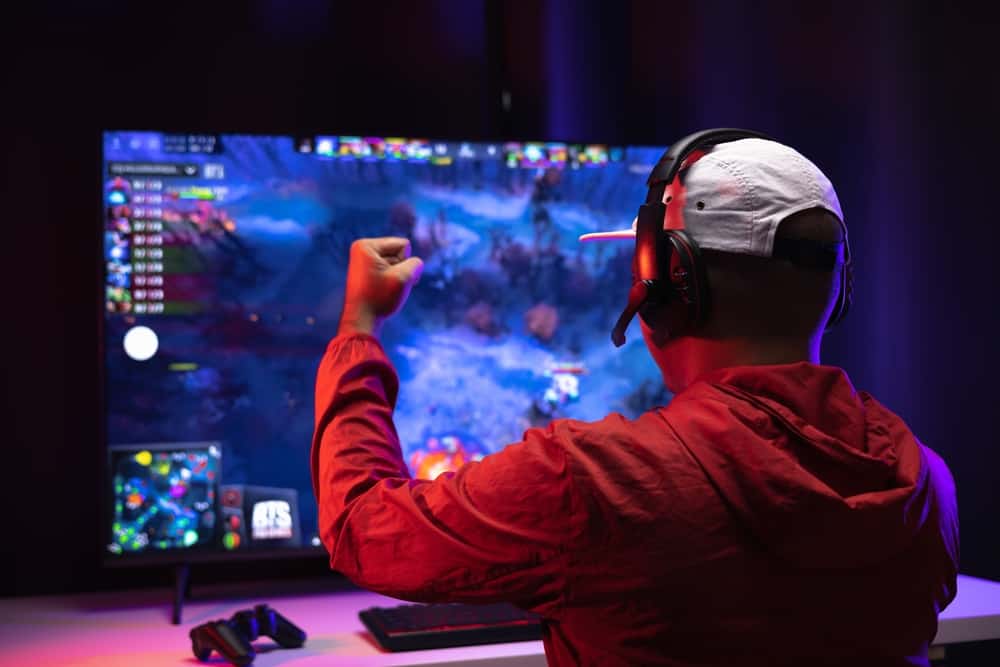 Задній вид молодий гравець відео комп'ютер ПК.