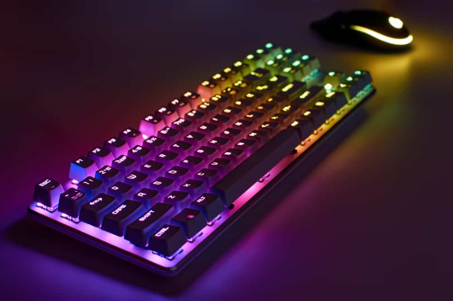 Ігрова клавіатура RGB. Яскрава барвиста клавіатура з мишею, неонове світло. Механічна клавіатура з RGB підсвічуванням.